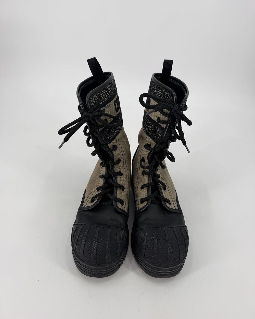 Dior D-Major Lace Up Combat Boots Beige Technical Fabric Black Calfskin 37